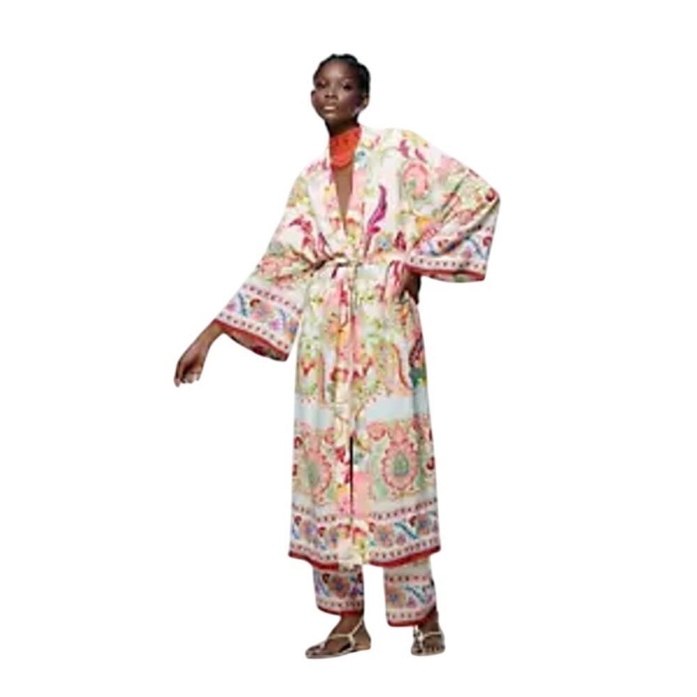 New ZARA Floral Printed Long Kimono Belted Side Slits Fully Lined Size Small S